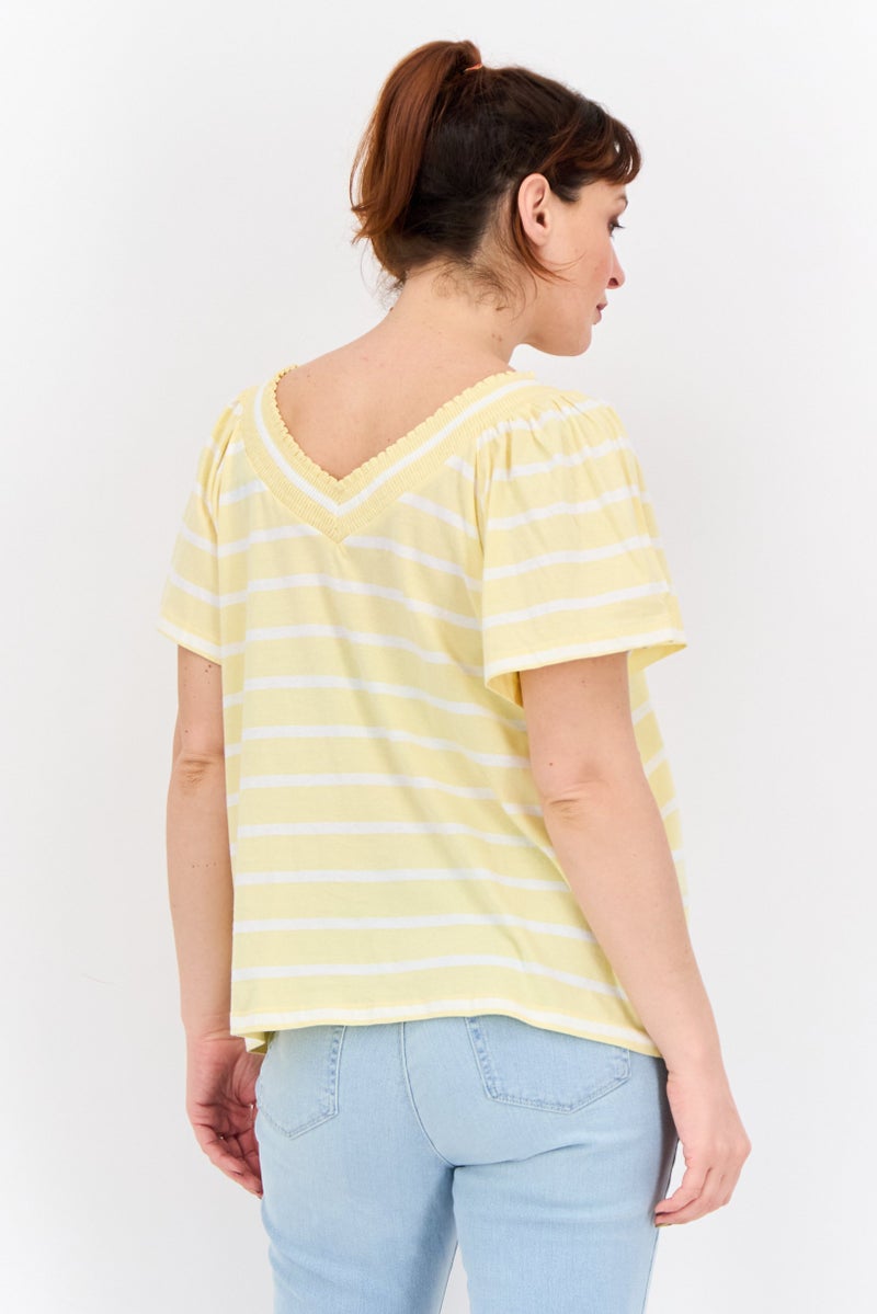 NAUTICA Women V-Neck Short Sleeves Stripe Blouse, Yellow  - Image 3