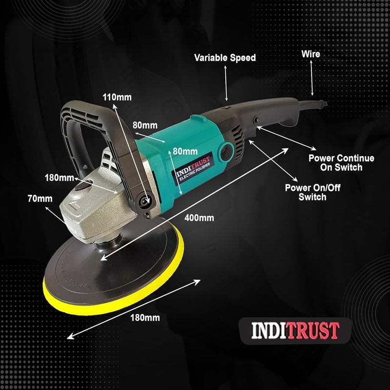Inditrust 1500W 6 months warranty 7 Inch Electric Car Polisher Machine 6 SPEED with Backup Pad Wool pad and Buffing Pad Double Insulated With Speed Adjustment 100% Copper Winding - Image 4