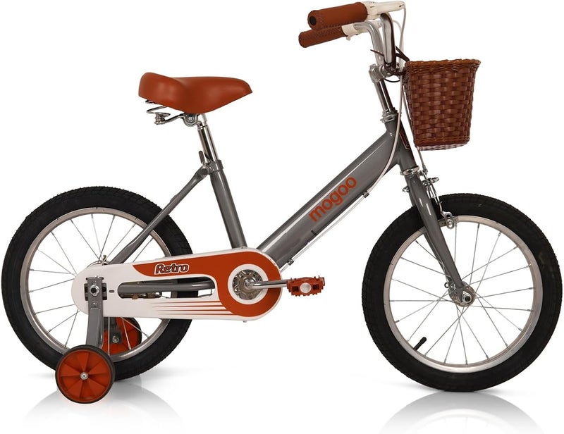 Mogoo Retro Kids Road Bike For 5-8 Years Old Girls & Boys, Adjustable Seat, Handbrake, Chainguard, Classic Style, Basket, 12/16 Inch Bicycle w/Training Wheels - Image 1