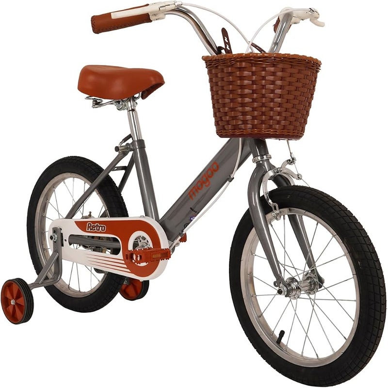 Mogoo Retro Kids Road Bike For 5-8 Years Old Girls & Boys, Adjustable Seat, Handbrake, Chainguard, Classic Style, Basket, 12/16 Inch Bicycle w/Training Wheels - Image 2