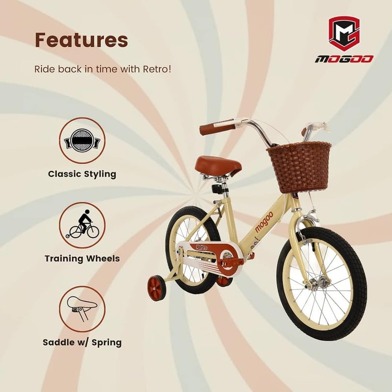 Mogoo Retro Kids Road Bike For 5-8 Years Old Girls & Boys, Adjustable Seat, Handbrake, Chainguard, Classic Style, Basket, 12/16 Inch Bicycle w/Training Wheels - Image 5