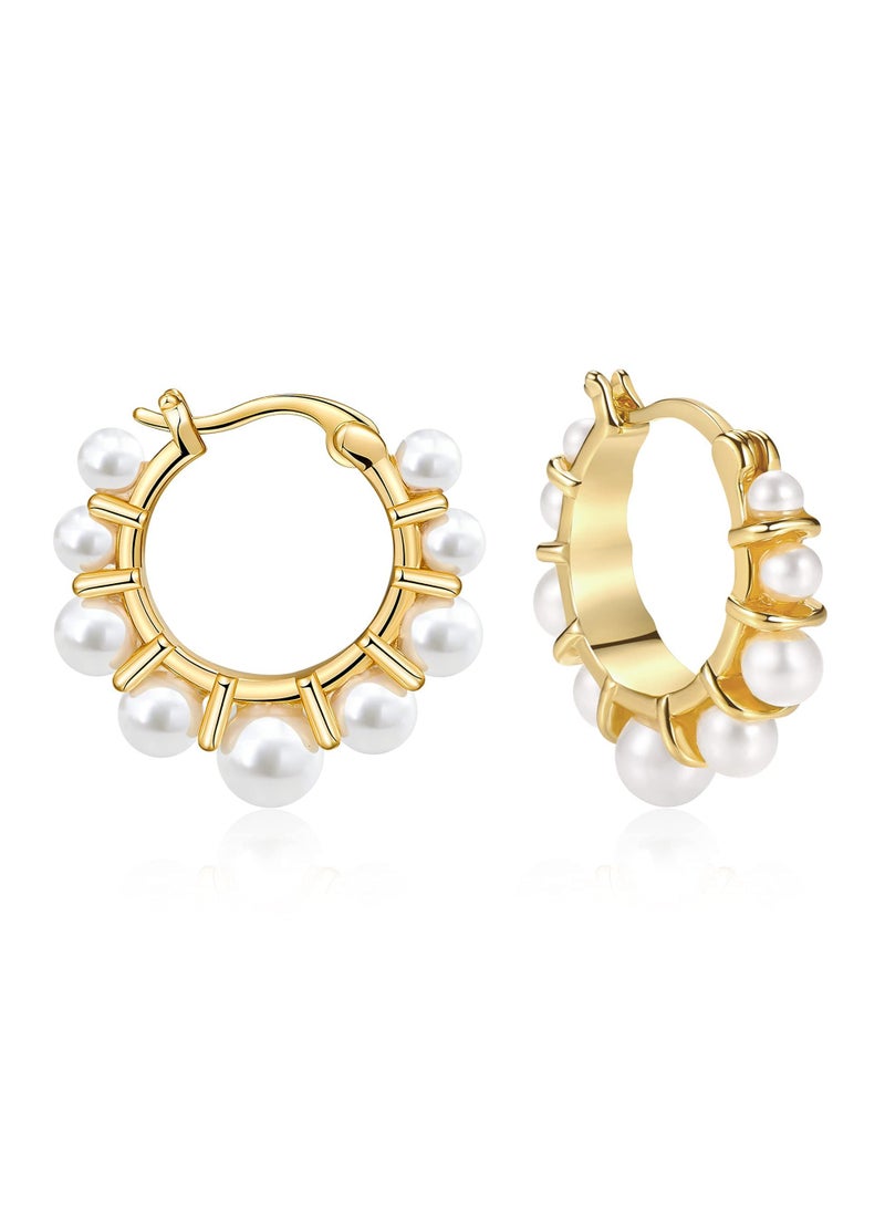 SYOSI Pearl Gold Hoop Earrings for Women, 14K Gold Plated Lightweight Cute Pearl Earrings for Girls - Image 1