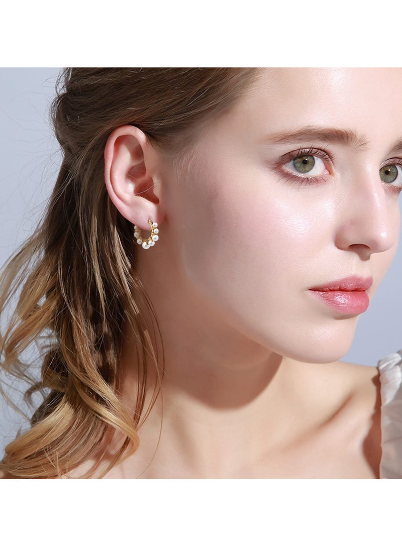 SYOSI Pearl Gold Hoop Earrings for Women, 14K Gold Plated Lightweight Cute Pearl Earrings for Girls - Image 3