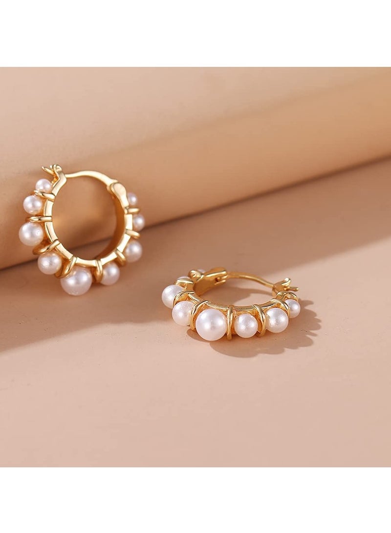 SYOSI Pearl Gold Hoop Earrings for Women, 14K Gold Plated Lightweight Cute Pearl Earrings for Girls - Image 5