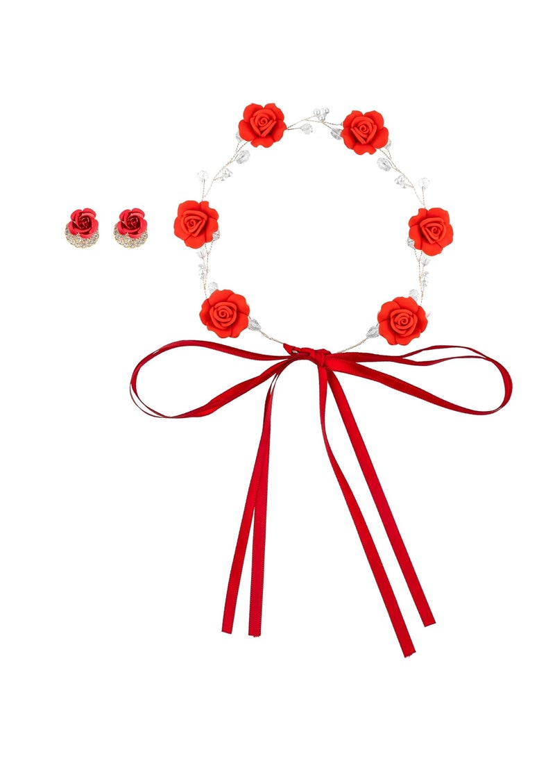Framendino Framendino Red Bridal Headband Crystal Flower Crown Wedding Headpiece with Earring Rose Hair Vine for Women 
