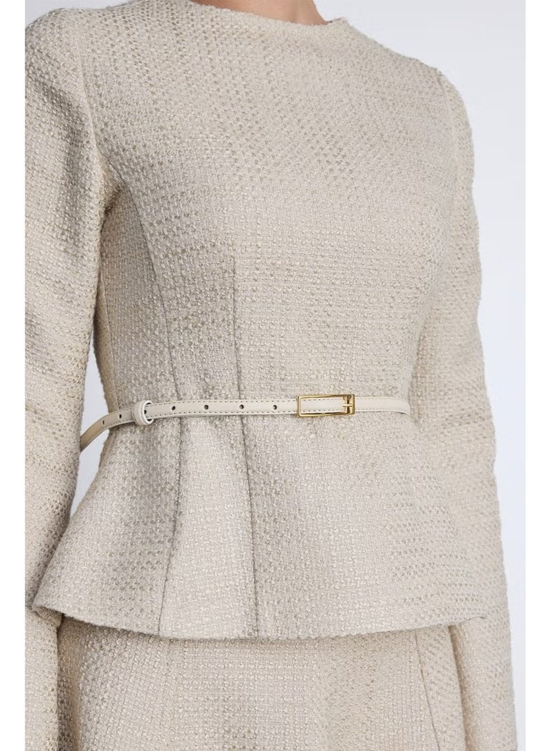 Manuka Peplum Detailed Tweed Blouse Beige - Image 2