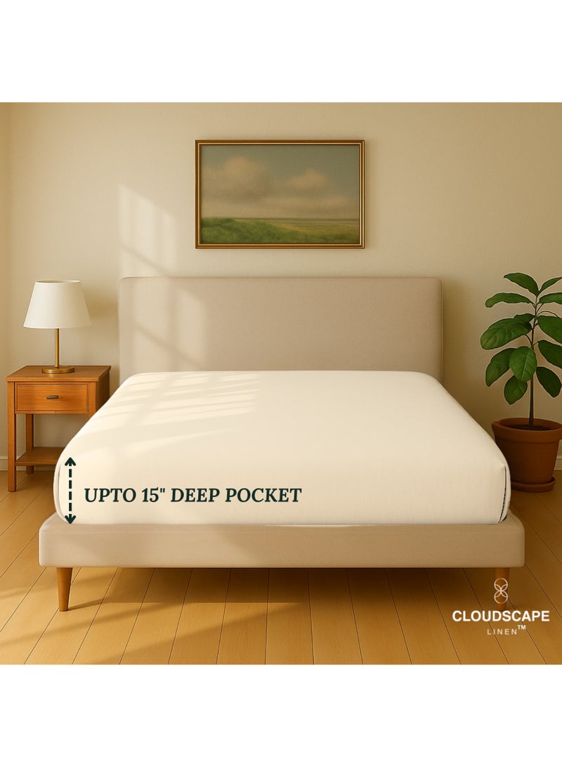 كلاود سكيب لينين Cloud Scape Linen 600 Thread Count Egyptian Cotton Fitted Sheet ( Super King, Ivory) - Image 2