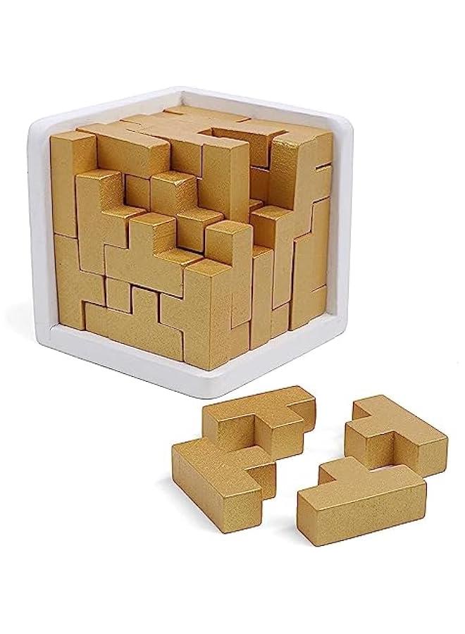HOOKOR Original 3D Wooden Brain Teaser Puzzle Genius Skills Builder T-Shape Pieces. Educational Toy for Kids and Adults. Gift Desk Puzzles (Golden Edition) - Image 1