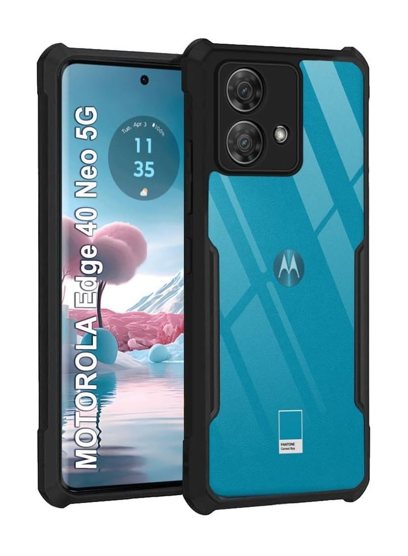 جراب خلفي شفاف مقاوم للصدمات بتصميم حماية 360 درجة جراب خلفي شفاف لهاتف Moto Edge 40 Neo (PC & TPU، ممتص صدمات أسود) - Image 1