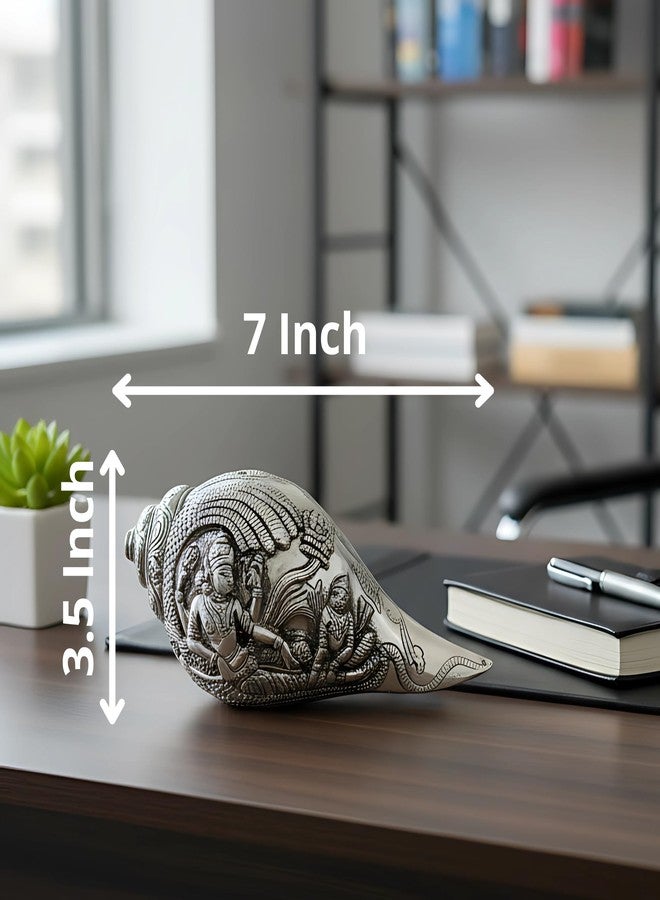 Dev Aastha Silver Plated Vishnu Lakshmi Shankh - 7 Inch Antique Finish Decorative Conch Shell with Detailed Religious Engravings - Auspicious Vastu Pooja Item for Home Mandir - Ideal Spiritual Gift - Image 2
