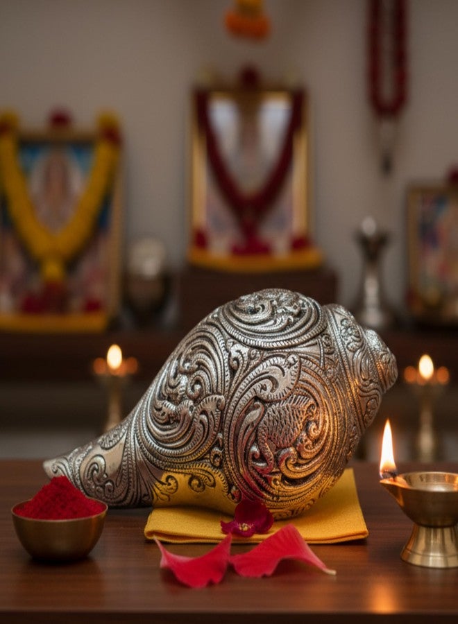 Dev Aastha Silver Plated Vishnu Lakshmi Shankh - 7 Inch Antique Finish Decorative Conch Shell with Detailed Religious Engravings - Auspicious Vastu Pooja Item for Home Mandir - Ideal Spiritual Gift - Image 3