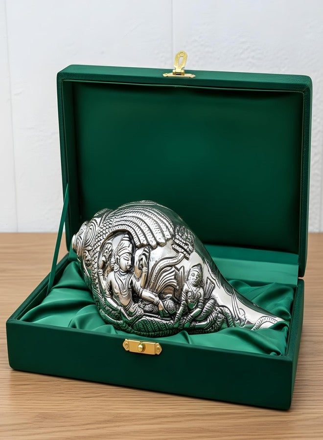Dev Aastha Silver Plated Vishnu Lakshmi Shankh - 7 Inch Antique Finish Decorative Conch Shell with Detailed Religious Engravings - Auspicious Vastu Pooja Item for Home Mandir - Ideal Spiritual Gift - Image 1