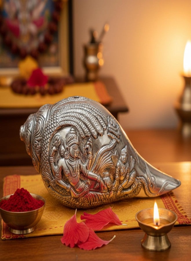 Dev Aastha Silver Plated Vishnu Lakshmi Shankh - 7 Inch Antique Finish Decorative Conch Shell with Detailed Religious Engravings - Auspicious Vastu Pooja Item for Home Mandir - Ideal Spiritual Gift - Image 5