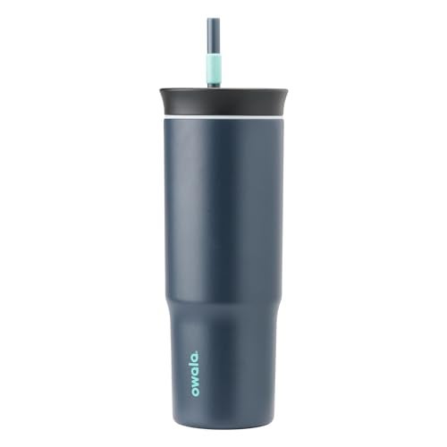 كوب سفر معزول ثلاثي الطبقات من الفولاذ المقاوم للصدأ Owala مع غطاء مقاوم للتسرب وقشة خالية من BPA سعة 24 أونصة باللون الأسود والرمادي الضبابي