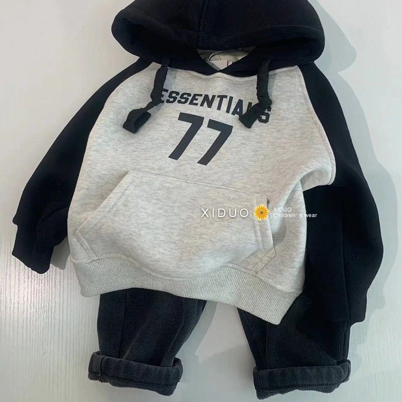Children'S Hooded Fleece-Lined Thickened Color-Blocked Sweatshirt Korean Style Children'S Clothing Warm Boys And Girls Baby Printed Hoodie - Image 2