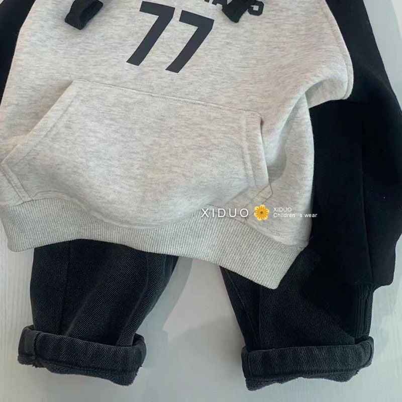 Children'S Hooded Fleece-Lined Thickened Color-Blocked Sweatshirt Korean Style Children'S Clothing Warm Boys And Girls Baby Printed Hoodie - Image 4