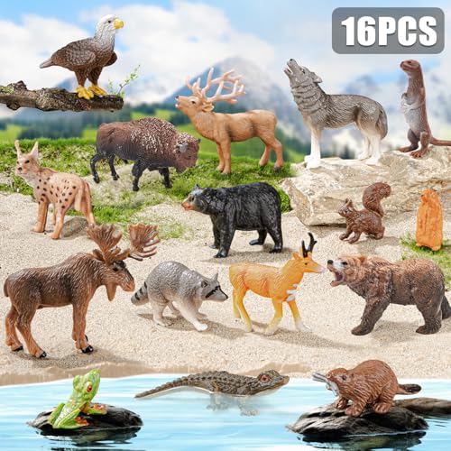 THINKBAY 16PCS Mini North American Woodland Animals Figurines Toys Realistic Jungle Wild Animal Figures with WolfBearBisonReindeerBirthday Party Favors Valentines Day Gifts for Kids - Image 5