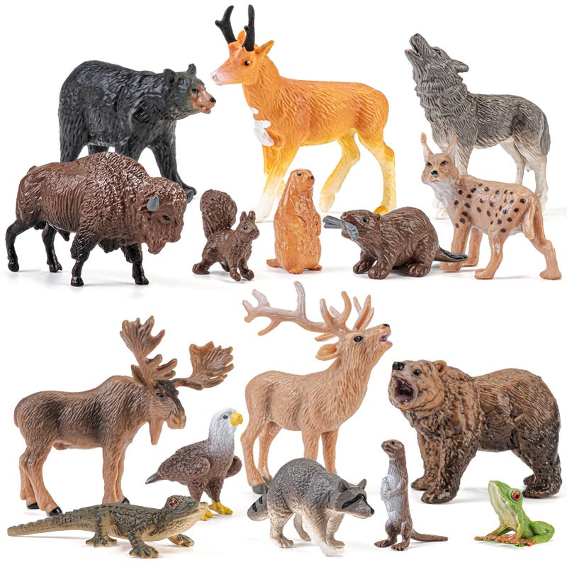 THINKBAY 16PCS Mini North American Woodland Animals Figurines Toys Realistic Jungle Wild Animal Figures with WolfBearBisonReindeerBirthday Party Favors Valentines Day Gifts for Kids - Image 3