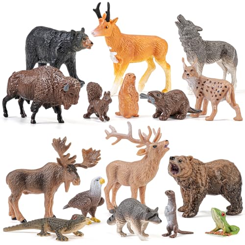 THINKBAY 16PCS Mini North American Woodland Animals Figurines Toys Realistic Jungle Wild Animal Figures with WolfBearBisonReindeerBirthday Party Favors Valentines Day Gifts for Kids - Image 1