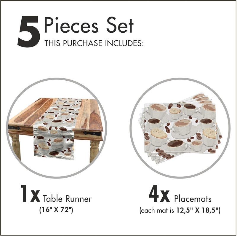 Lunarable Coffee Table Runner  Placemats Cups of Coffee Pattern with Beans Espresso and Cappuccino Drinks Illustration Set for Dining Table Decor Placemat 4 pcs  Runner 16x72 Brown Beige White - Image 5