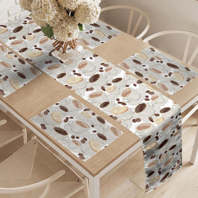 Lunarable Coffee Table Runner  Placemats Cups of Coffee Pattern with Beans Espresso and Cappuccino Drinks Illustration Set for Dining Table Decor Placemat 4 pcs  Runner 16x72 Brown Beige White - Image 2