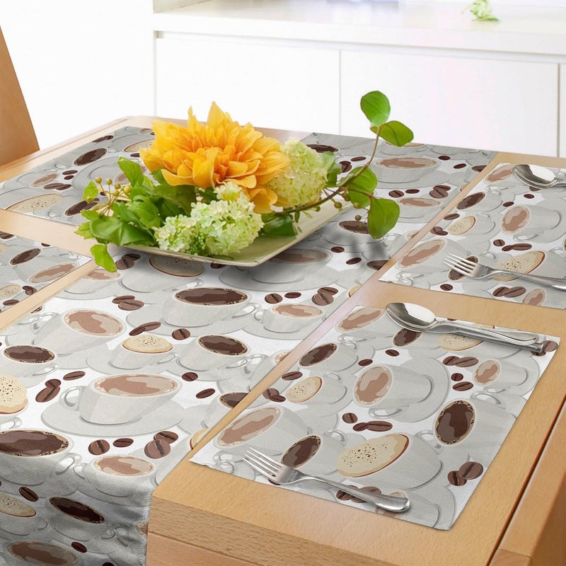 Lunarable Coffee Table Runner  Placemats Cups of Coffee Pattern with Beans Espresso and Cappuccino Drinks Illustration Set for Dining Table Decor Placemat 4 pcs  Runner 16x72 Brown Beige White - Image 1