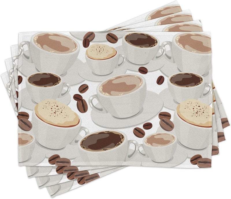 Lunarable Coffee Table Runner  Placemats Cups of Coffee Pattern with Beans Espresso and Cappuccino Drinks Illustration Set for Dining Table Decor Placemat 4 pcs  Runner 16x72 Brown Beige White - Image 3