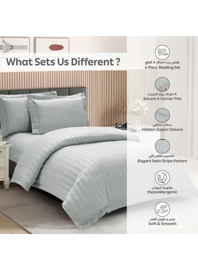 Donetella Light Gray Hotel Striped Duvet Cover Set, Fits 180x200 cm Size Bed, 4-Pcs Queen Size Bedding Set, Brushed Microfiber Fabric, (Filler Not Included).  | Best Price UAE