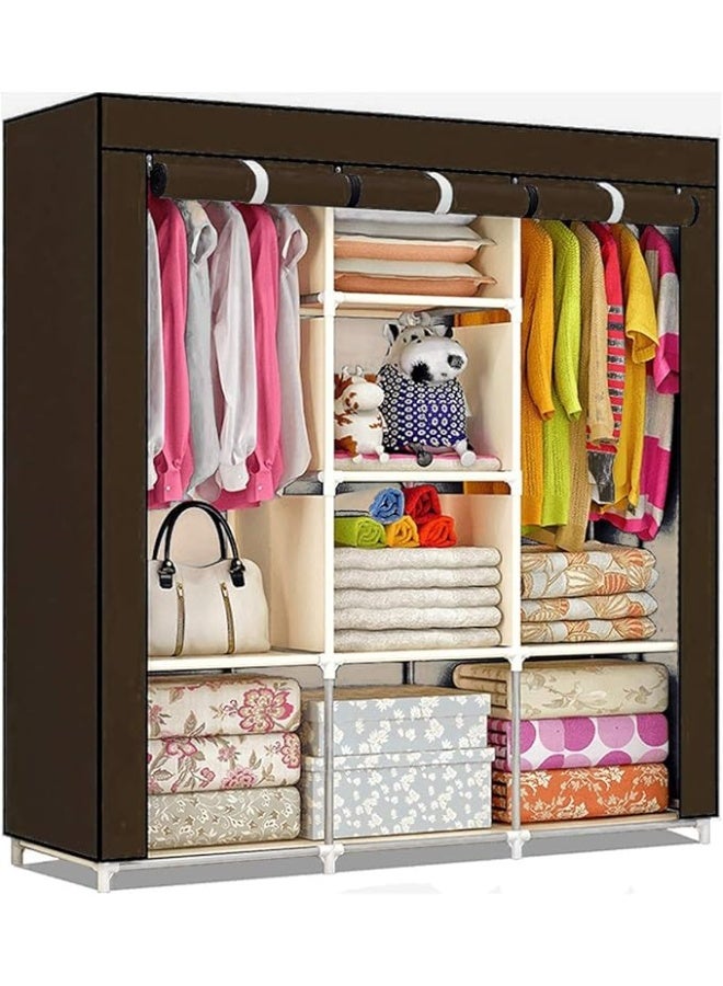 خزانة ملابس قماشية أنيقة ومحمولة – 3 أبواب بهيكل معدني ألومنيوم قابل للطي، خزانة تنظيم وتخزين بطلاء مسحوق لحفظ الملابس والإكسسوارات (بني) - 88130A-BR - Image 1