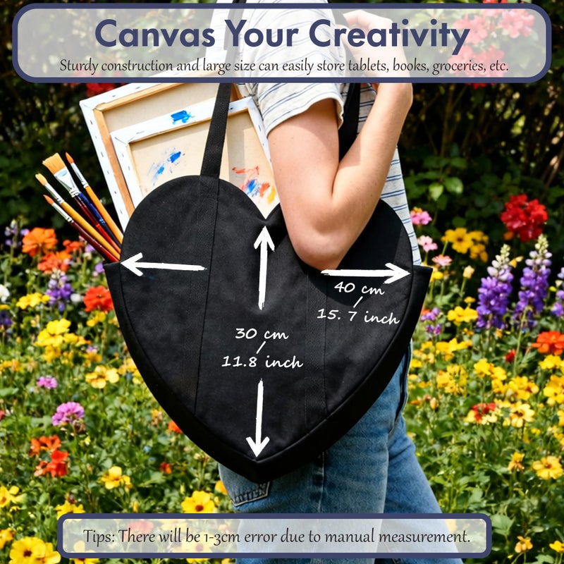 CosInStyle Cute Heart Shaped Canvas Tote Bag for Women, Daily Reusable Shoulder Grocery Shopping Bag with Pocket & Buckle (Black) - Image 2