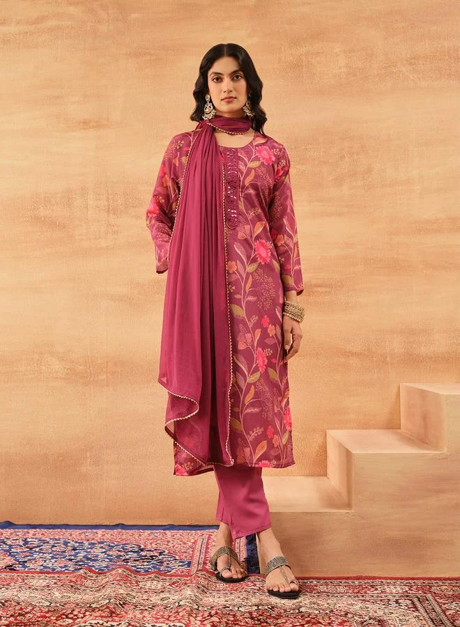 آي شين Women's Purple Chinon Printed Tunic Top With Ankle Palazzo Straight 3 Peice Kurta Set