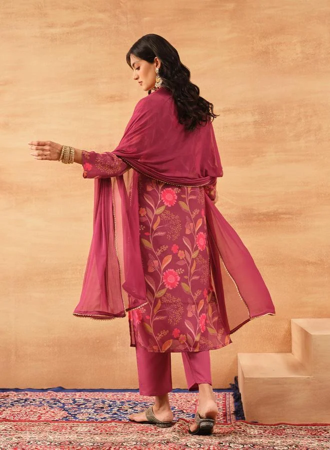 آي شين Women's Purple Chinon Printed Tunic Top With Ankle Palazzo Straight 3 Peice Kurta Set