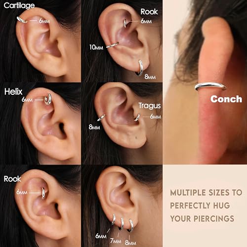 Poxtex Silver Small Hoop Earrings for Women Stacks Silver Huggie Hoop Earrings Set for Multiple Piercing Lightweight Mini Cute Cartilage Rook Conch Daith Double Piercing Jewelry Gifts for Women Waterproof Clip On - Image 3