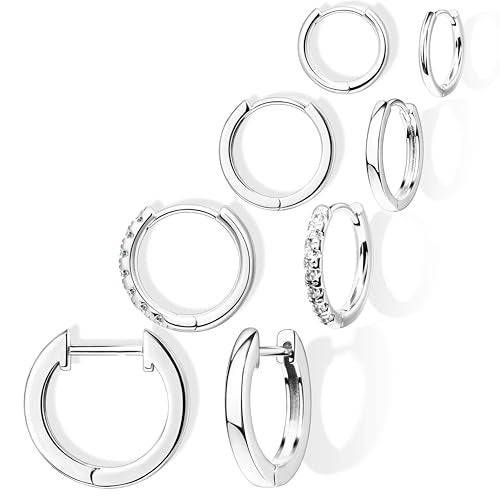 Poxtex Silver Small Hoop Earrings for Women Stacks Silver Huggie Hoop Earrings Set for Multiple Piercing Lightweight Mini Cute Cartilage Rook Conch Daith Double Piercing Jewelry Gifts for Women Waterproof Clip On - Image 1