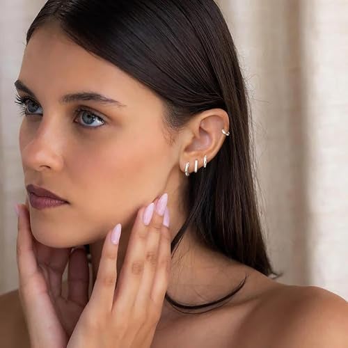 Poxtex Silver Small Hoop Earrings for Women Stacks Silver Huggie Hoop Earrings Set for Multiple Piercing Lightweight Mini Cute Cartilage Rook Conch Daith Double Piercing Jewelry Gifts for Women Waterproof Clip On - Image 4