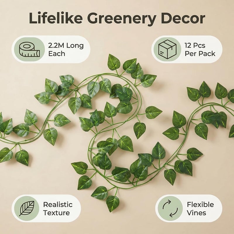 Aeojoor Epipremnum Aureum Leaves, Green Vines Fake Plant Vine Leaves, Hanging Fake Vine Leaves, Home Kitchen Garden Office Wedding Wall Decor (Pack of 12 86 Inch Fake Plants) - Image 3
