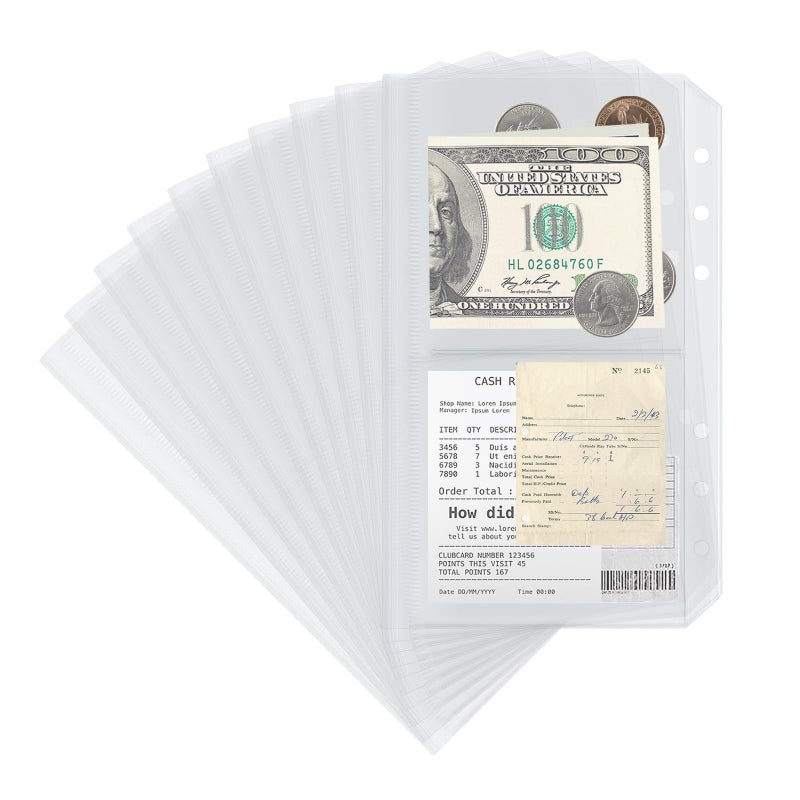 Dajino 10 Pack Multi-Compartment Zippered Clear Binder Pocket Sleeves for 6 Ring A6 Binder - Divided Zipper Pouch Money Cash Saving Budget Binder Insert Refill Card Page Protectors Loose Leaf Bags (2-Pocket) - Image 1