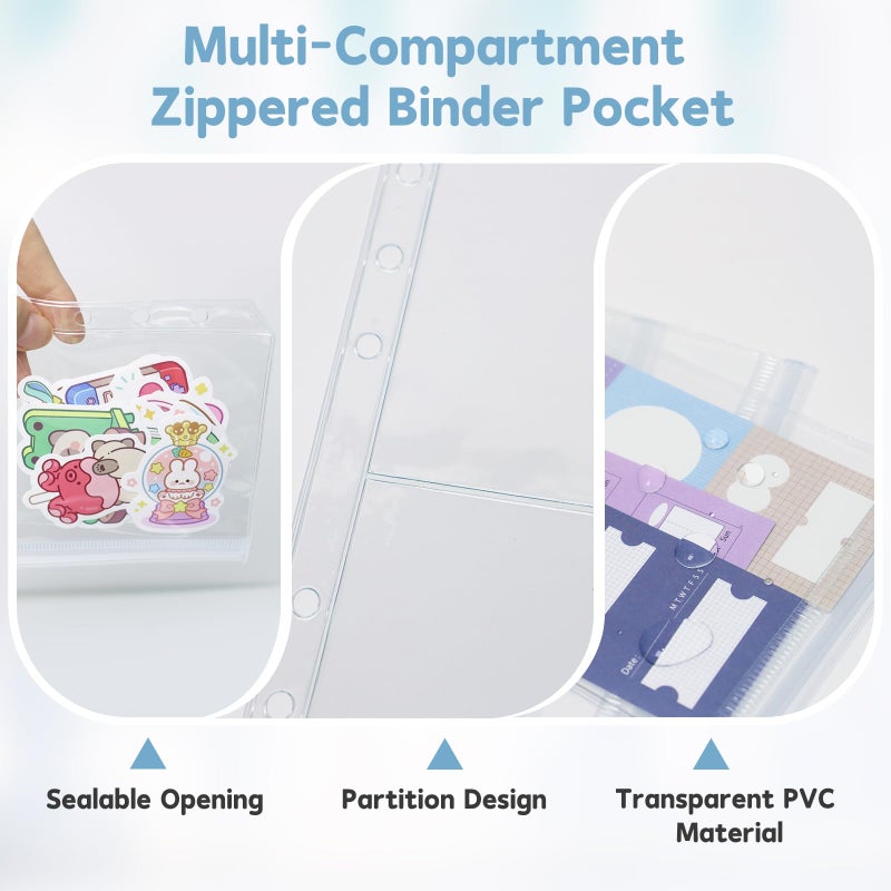 Dajino 10 Pack Multi-Compartment Zippered Clear Binder Pocket Sleeves for 6 Ring A6 Binder - Divided Zipper Pouch Money Cash Saving Budget Binder Insert Refill Card Page Protectors Loose Leaf Bags (2-Pocket) - Image 4