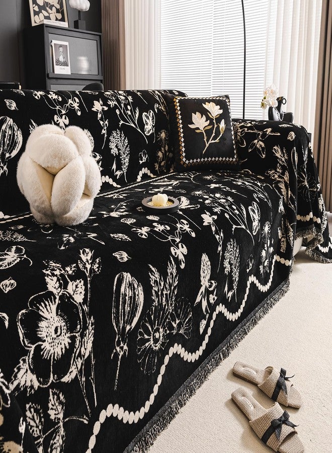 DREAMINGO Black Floral Couch Cover Farmhouse Botanical Jacquard Sofa Covers for 3 Cushion Couch Cozy Chenille Living Room Furniture Futon Sectional Sofa Slipcovers Washable, X-Large 71"x134" - Image 3