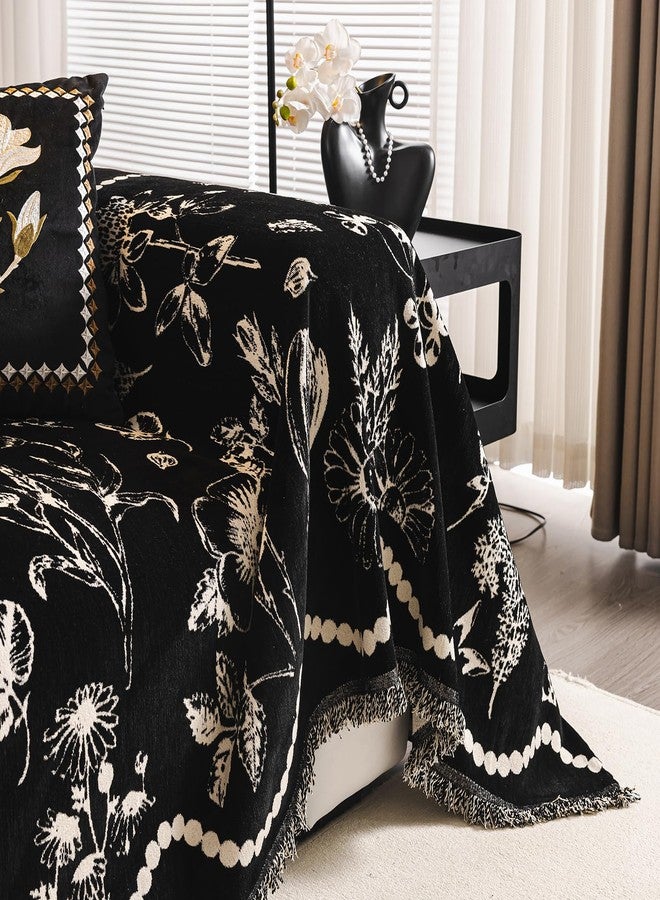 DREAMINGO Black Floral Couch Cover Farmhouse Botanical Jacquard Sofa Covers for 3 Cushion Couch Cozy Chenille Living Room Furniture Futon Sectional Sofa Slipcovers Washable, X-Large 71"x134" - Image 4