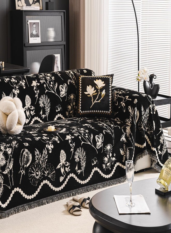 DREAMINGO Black Floral Couch Cover Farmhouse Botanical Jacquard Sofa Covers for 3 Cushion Couch Cozy Chenille Living Room Furniture Futon Sectional Sofa Slipcovers Washable, X-Large 71"x134" - Image 2