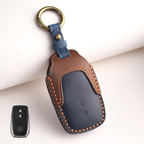 Keyzone Dual Leather Key Cover for Toyota Innova Crysta, Innova HyCross, Hilux 2 Button smart Key (Blue-Brown) - Image 1