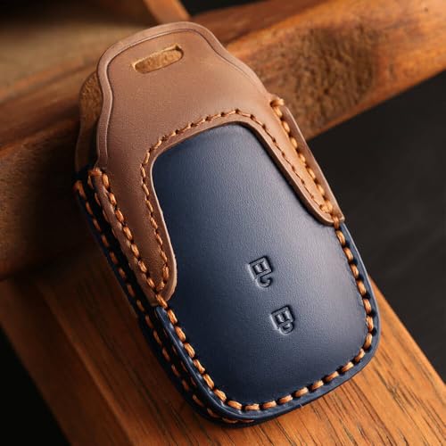 Keyzone Dual Leather Key Cover for Toyota Innova Crysta, Innova HyCross, Hilux 2 Button smart Key (Blue-Brown) - Image 3