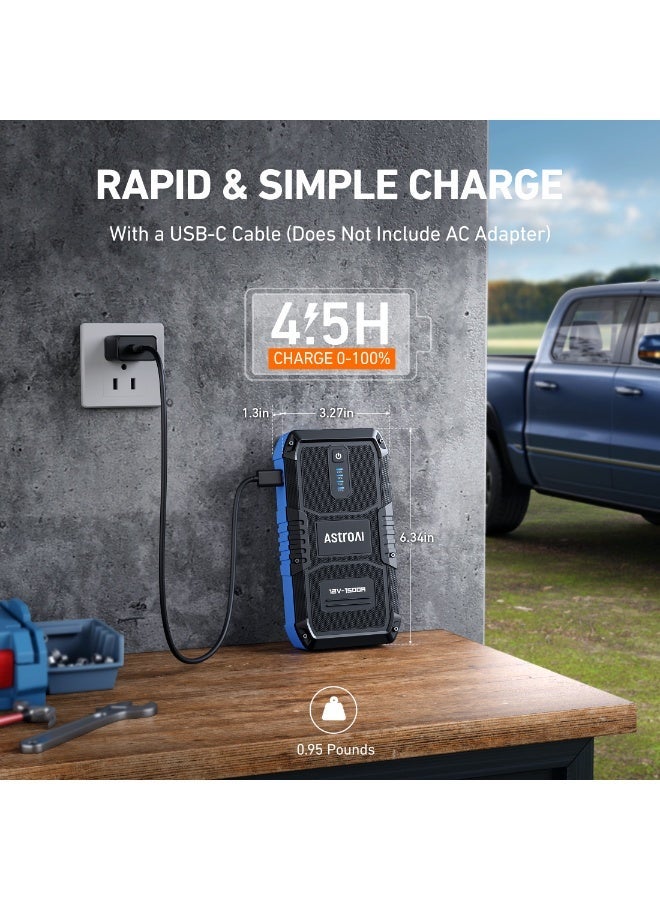AstroAI V8 Car Jump Starters Battery for All Passenger Car – 1500A 12800mAh Power Bank 12V Car Jumper Starter Battery Pack for Up to 6.0L Gas & 3.0L Diesel Engines, Portable Jump Box with 3 Modes Emergency Light and Jumper Cable, Great Father's Day Present for Dad, from USA - Image 4