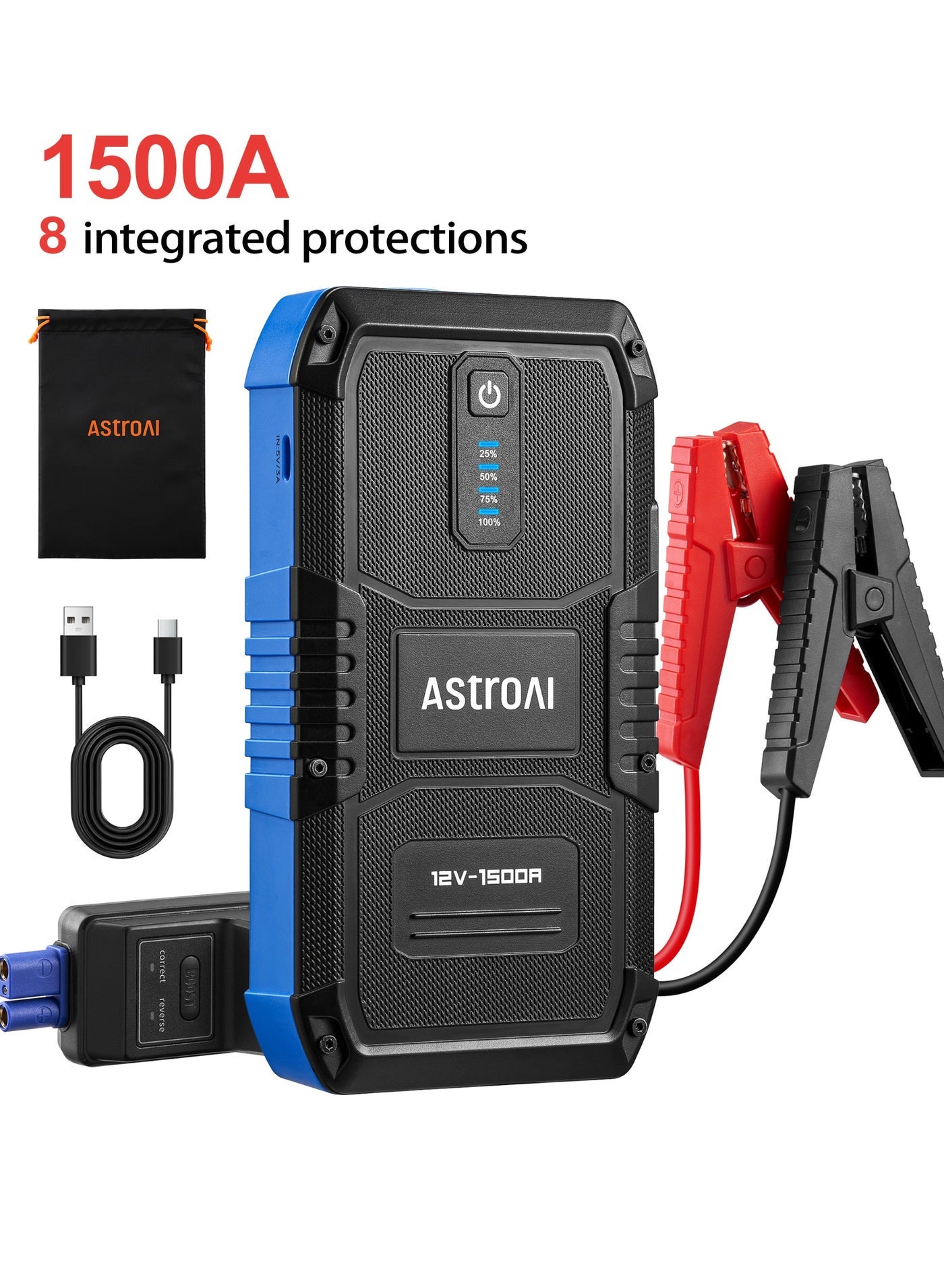 AstroAI V8 Car Jump Starter Battery for All Passenger Car 1500A 12800 mAh Power bank 37WH 12V Car Jumper Starter Battery Pack for Up to 6.0L Gas & 3.0L Diesel Engines, 12V Portable Jump Box with 3 Modes Emergency Light and Jumper Cable from USA for Gifts