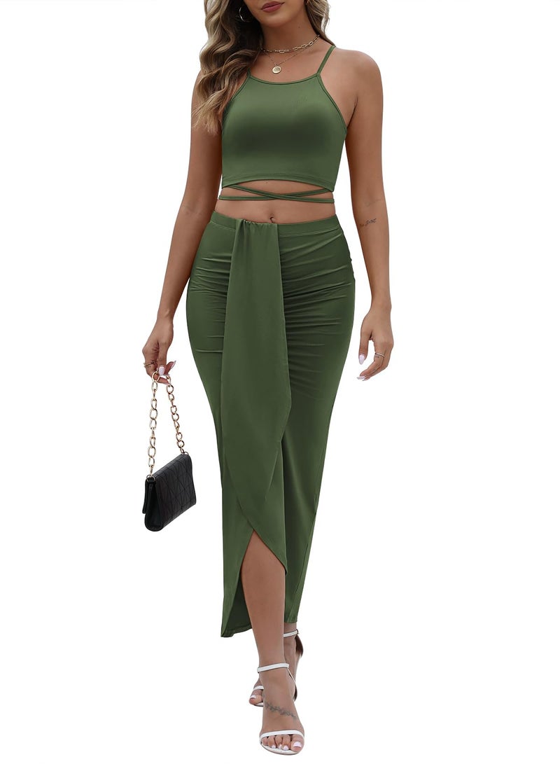 HUUSA Women's Summer Club Slit Maxi Skirt Set Fashion Dresses Sleeveless Crewneck High Waist 2 Piece Long Dress Set With Slit Olive S - Image 1