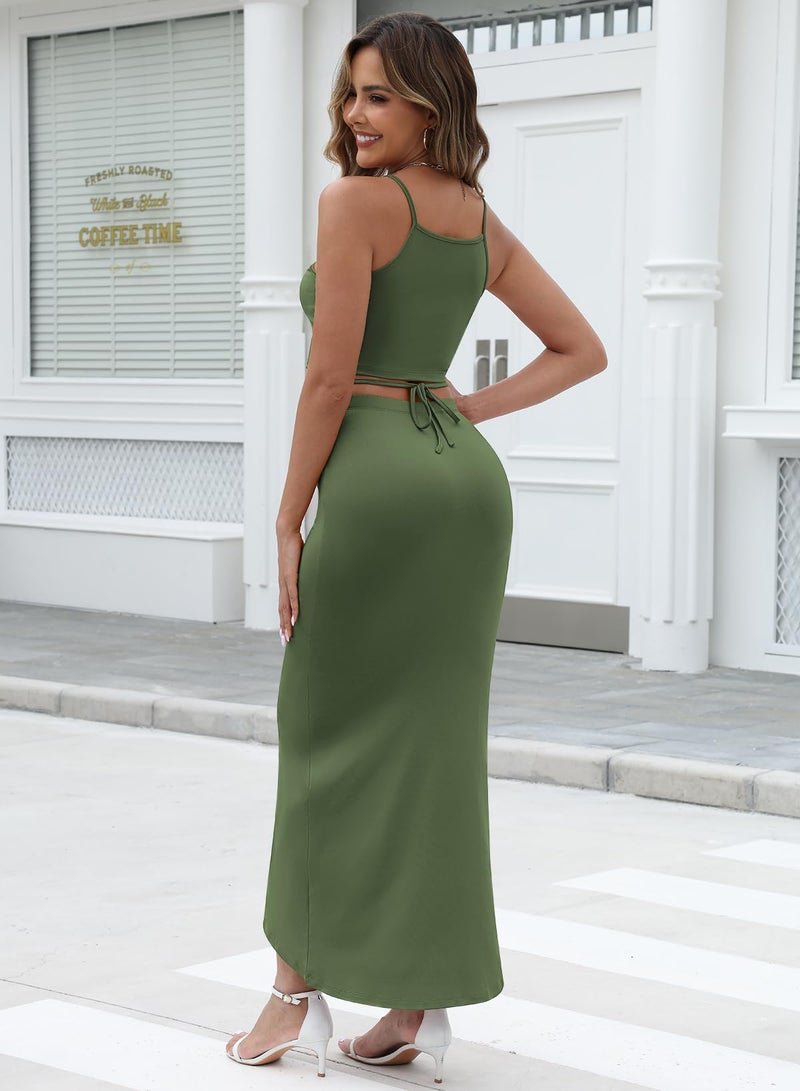 HUUSA Women's Summer Club Slit Maxi Skirt Set Fashion Dresses Sleeveless Crewneck High Waist 2 Piece Long Dress Set With Slit Olive S - Image 4