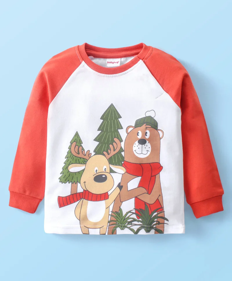 babyhug Babyhug Cotton Knit Raglan Sleeves T-Shirt & Lounge Pants Set With Animals Print - Red & White