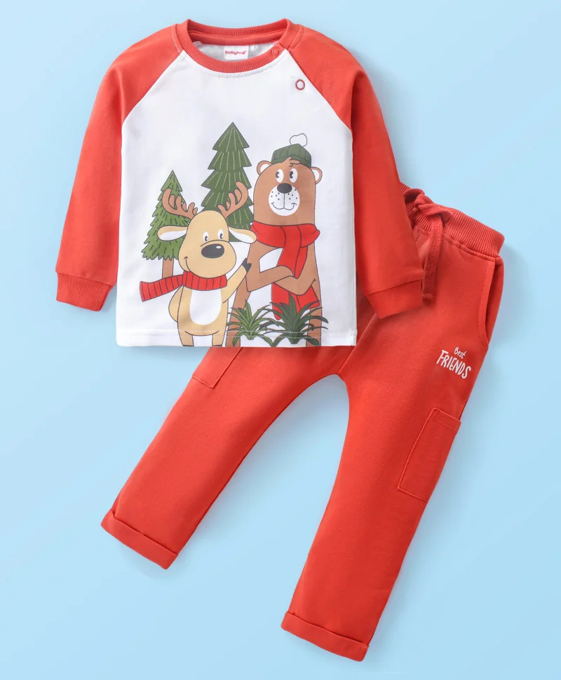 babyhug Babyhug Cotton Knit Raglan Sleeves T-Shirt & Lounge Pants Set With Animals Print - Red & White