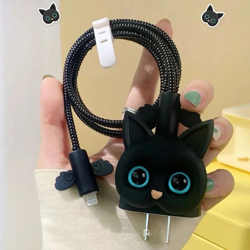 CELLMASTER Apple Charger Cover with Full Cable Protector 3D Cute Pattern Compatible for iPhone Charger Only 18W & 20W iPhone 16,iPhone 13,iPhone 15,iPhone 14 (Black Cat Shining Cable Protector) - Image 5